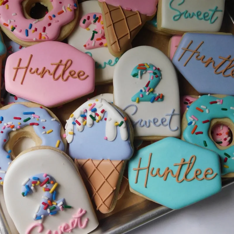 Ice cream cone and sprinkle cookies for a second birthday.