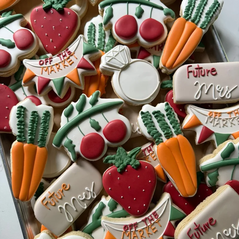 Farmers-market cookies with strawberries, carrots, and cherries.